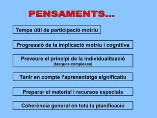 PENSAMENTS... Temps útil de participació motriu Progressió de la implicació motriu i cognitiva Preveure el principi de la individualització  (tasques complexes) Tenir en compte l’aprenentatge significatiu Preparar el material i recursos especials Coherència general en tota la planificació 