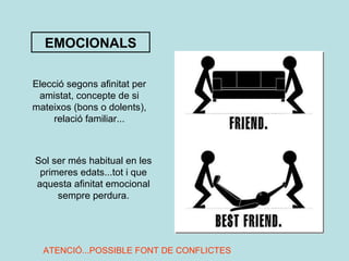 EMOCIONALS Elecció segons afinitat per amistat, concepte de si mateixos (bons o dolents), relació familiar... Sol ser més habitual en les primeres edats...tot i que aquesta afinitat emocional sempre perdura. ATENCIÓ...POSSIBLE FONT DE CONFLICTES 