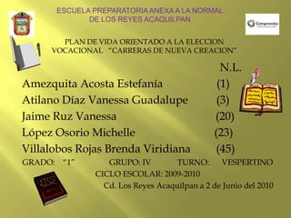 ESCUELA PREPARATORIA ANEXA A LA NORMAL  DE LOS REYES ACAQUILPAN PLAN DE VIDA ORIENTADO A LA ELECCION VOCACIONAL   “CARRERAS DE NUEVA CREACION”                                                                       N.L. Amezquita Acosta Estefanía                   (1) Atilano Díaz Vanessa Guadalupe          (3) Jaime Ruz Vanessa                                   (20) López Osorio Michelle                            (23) Villalobos Rojas Brenda Viridiana         (45) GRADO:    “1”                 GRUPO: IV             TURNO:      	VESPERTINO CICLO ESCOLAR: 2009-2010 Cd. Los Reyes Acaquilpan a 2 de Junio del 2010 