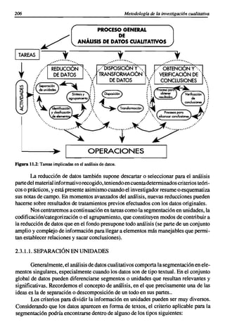 206                                                          Metodología de la investigaci6n cualitativa


                                        PROCESO GENERAL


                 ~
                                               DE
                                  ANÁUSIS DE DATOS CUALITATIVOS

-1
1   TAREAS
                    ~"
                            ,---,---,
                         __ ,_.                     ,_.,oO. _".                   .:«:" _   _   ..




    t                                         /DISPOSIClON Y'-·,
                                             'TRANSFORMACIÓN ",
                                            '--
                                                  DE DATOS           ' ,
                                                               ....J : 
                                                                         / OBTENCiÓN Y'-'.
                                                                          VERIFICACiÓN DE
                                                                           CONCLUSIONES "
                                                                            '----=-_~___:_~....;.......J




                                                                                                           ,

         . ,




                                       OPERACIONES
Figura 11.2: Tareas implicadas en el análisis de datos,

       La reducción de datos también supone descartar o seleccionar para el análisis
parte del material informativo recogido, teniendo en cuentadeterminados criterios teóri-
cos o prácticos, y está presente asimismo cuando el investigador resume o esquematiza
sus notas de campo. En momentos avanzados del análisis, nuevas reducciones pueden
hacerse sobre resultados de tratamientos previos efectuados con los datos originales.
       Nos centraremos a continuación en tareas como la segmentación en unidades, la
codificación/categorización o el agrupamiento, que constituyen modos de contribuir a
la reducción de datos que en el fondo presupone todo análisis (se parte de un conjunto
amplio y complejo de información para llegar a elementos más manejables que permi-
tan establecer relaciones y sacar conclusiones).

2.3.1.1. SEPARACIÓN EN UNIDADES

       Generalmente, el análisis de datos cualitativos comporta la segmentación en ele-
mentos singulares, especialmente cuando los datos son de tipo textual. En el conjunto
global de datos pueden diferenciarse segmentos o unidades que resultan relevantes y
significativas. Recordemos el concepto de análisis, en el que precisamente una de las
ideas es la de separación o descomposición de un todo en sus partes ..
       Los criterios para dividir la información en unidades pueden ser muy diversos.
Considerando que los datos aparecen en forma de textos, el criterio aplicable para la
segmentación podría encontrarse dentro de alguno de los tipos siguientes:
 