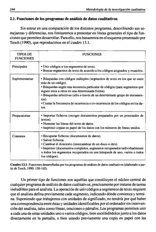 244                                                       Metodología de la investigación cualitativa

2.1. Funciones de los programas de análisis de datos cualitativos

       Sin entrar en una comparación de los distintos programas, describiendo sus se-
mejanzas y diferencias, nos limitaremos a presentar en líneas generales el tipo de fun-
ciones que permiten desarrollar. Para ello, nos basaremos en el esquema presentado por
Tesch (1990), que reproducimos en el cuadro 13.1.


       TIPOS DE                                        FUNCIONES
      FUNCIONES

 Principales           • Unir códigos a los segmentos de texto.
                       • Buscar segmentos de texto de acuerdo a los códigos asignados y reunirlos.

 Suplementarias        • Búsquedas con códigos múltiples (segmentos de texto en los que se unen
                       más de un código).
                       • Búsquedas según una secuencia particular de códigos (para segmentos que
                       siguen unos a otros en una determinada forma).
                       • Búsquedas selectivas (s610 a través de un determinado grupo de documen-
                       tos).
                       • Contar la frecuencia de ocurrencia o ce-ocurrencia de los códigos en los da-
                       tos.

 Preparatorias         • Importar ficheros (recoger documentos preparados por un procesador de
                       textos).
                       • Numerar las líneas del texto de datos.
                       • Imprimir copias en papel de los datos con los números de líneas unidos.

 Comunes               • Recuperar ficheros (documentos de datos).
                       • Salvar ficheros.
                       • Cambiar el directorio (intercambiar de un disco a otro).
                       • Imprimir (documentos completos, segmentos recuperados individualmente
                       o todos los segmentos recuperados en una búsqueda de uno, varios o todos
                       los códigos).

Cuadro 13.1: Funciones desarrolladas por los programasde análisis de datos cualitativos (elaborado a par-
tirdeTesch, 1990: 150-162).


       Un primer tipo de funciones son aquéllas que constituyen el núcleo central de
cualquier programa de análisis de datos cualitativos, precisamente por tratarse de tareas
ineludibles para el analista. La operación de unir códigos a segmentos de texto requiere
que el analista defina previamente cada segmento, indicando dónde comienza y termi-
na. Suponiendo que trabajemos con unidades de significado, no tendría por qué haber
una correspondencia entre éstas y unidades identificables por el ordenador sin interven-
ción del analista, tales como líneas, oraciones o párrafos. Los programas permiten unir
a cada una de estas unidades uno o varios códigos, bien escribiéndolos junto a los datos
directamente en la pantalla, o bien usando previamente una copia en papel con las
 
