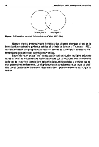 38                                                       Metodología de la investigación cualitativa




                                   Investigación     Investigador
Figura 1.2: Un modelo unificado de investigación (Collins, 1992: 184).


       Situados en esta perspectiva de diferenciar los diversos enfoques al uso en la
investigación cualitativa podemos señalar el trabajo de Jordán y Yeomans (1995),
quienes presentan tres perspectivas dentro del terreno de la etnografía educativa con-
temporánea: convencional, postmoderna y crítica.
       En definitiva, no existe "una" investigación cualitativa, sino múltiples enfoques
cuyas diferencias fundamentales vienen marcadas por las opciones que se tomen en
cada uno de los niveles (ontológico, epistemológico, metodológico y técnico) que he-
mos presentado anteriormente. La adopción de una u otra alternativa, de todas las posi-
bles que se presentan en cada nivel, determinarán el tipo de estudio cualitativo que se
realice.
 