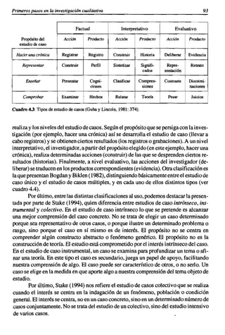 Primeros pasos en la investigación cualitativa                                                         93


                                 Factual                Interpretativo               Evaluativo

    Propósito del          Acción      Producto      Acción          Producto    Acción     Producto
   estudio de caso

  Hacer una crónica       Registrar    Registro     Construir        Historia   Deliberar   Evidencia

     Representar         Construir         Perfil   Sintetizar       Signifi-    Repre-      Retrato
                                                                      cados     sentación

       Enseñar            Presentar        Cogni-   Clasificar   Compren-       Contraste   Discrimi-
                                           ciones                 siones                    naciones

     Comprobar           Examinar       Hechos       Relatar          Teoría      Pesar      Juicios

Cuadro 4.3: Tipos de estudio de casos (Guba y Lincoln, ]98]: 374).



realiza y los niveles del estudio de casos. Según el propósito que se persiga con la inves-
tigación (por ejemplo, hacer una crónica) así se desarrolla el estudio de caso (llevar a
cabo registros) y se obtienen ciertos resultados (los registros o grabaciones). A un nivel
interpretativo, el investigador, a partir del propósito elegido (en este ejemplo, hacer una
crónica), realiza determinadas acciones (construir) de las que se desprenden ciertos re-
sultados (historias). Finalmente, a nivel evaluativo, las acciones del investigador (de-
liberar) se traducen en los productos correspondientes (evidencia). Otra clasificación es
la que presentan Bogdan y Biklen (1982), distinguiendo básicamente entre el estudio de
caso único yel estudio de casos múltiples, y en cada uno de ellos distintos tipos (ver
cuadro 4.4).
        Por último, entre las distintas clasificaciones al uso, podemos destacar la presen-
tada por parte de Stake (1994), quien diferencia entre estudios de caso intrínseco, ins-
trumental y colectivo. En el estudio de caso intrínseco lo que se pretende es alcanzar
una mejor comprensión del caso concreto. No se trata de elegir un caso determinado
porque sea representativo de otros casos, o porque ilustre un determinado problema o
rasgo, sino porque el caso en sí mismo es de interés. El propósito no se centra en
comprender algún constructo abstracto o fenómeno genérico. El propósito no es la
construcción de teoría. El estudio está comprometido por el interés intrínseco del caso.
En el estudio de caso instrumental, un caso se examina para profundizar un tema o afi-
nar una teoría. En este tipo el caso es secundario, juega un papel de apoyo, facilitando
nuestra comprensión de algo. El caso puede ser característico de otros, o no serlo. Un
caso se elige en la medida en que aporte algo a nuestra comprensión del tema objeto de
estudio.
        Por último, Stake (1994) nos refiere el estudio de casos colectivo que se realiza
cuando el interés se centra en la indagación de un fenómeno, población o condición
 general. El interés se centra, no en un caso concreto, sino en un determinado número de
casos conjuntamente. No se trata del estudio de un colectivo, sino del estudio intensivo
 de varios casos.
 