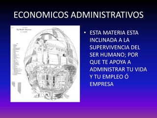ECONOMICOS ADMINISTRATIVOS
              • ESTA MATERIA ESTA
                INCLINADA A LA
                SUPERVIVENCIA DEL
                SER HUMANO; POR
                QUE TE APOYA A
                ADMINISTRAR TU VIDA
                Y TU EMPLEO Ó
                EMPRESA
 