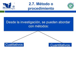 2.7. Método o
               procedimiento


Desde la investigación, se pueden abordar
              con métodos:




Cualitativos                Cuantitativos
 