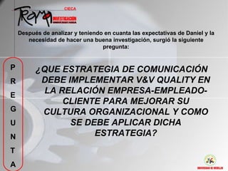 Después de analizar y teniendo en cuanta las expectativas de Daniel y la
       necesidad de hacer una buena investigación, surgió la siguiente
                                  pregunta:


P         ¿QUE ESTRATEGIA DE COMUNICACIÓN
R          DEBE IMPLEMENTAR V&V QUALITY EN
E
            LA RELACIÓN EMPRESA-EMPLEADO-
                CLIENTE PARA MEJORAR SU
G          CULTURA ORGANIZACIONAL Y COMO
U                SE DEBE APLICAR DICHA
N                     ESTRATEGIA?
T
A
 