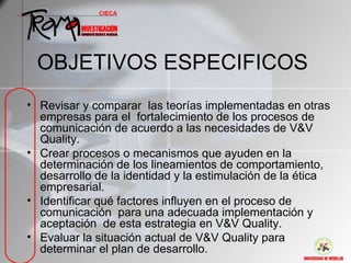 OBJETIVOS ESPECIFICOS
• Revisar y comparar las teorías implementadas en otras
  empresas para el fortalecimiento de los procesos de
  comunicación de acuerdo a las necesidades de V&V
  Quality.
• Crear procesos o mecanismos que ayuden en la
  determinación de los lineamientos de comportamiento,
  desarrollo de la identidad y la estimulación de la ética
  empresarial.
• Identificar qué factores influyen en el proceso de
  comunicación para una adecuada implementación y
  aceptación de esta estrategia en V&V Quality.
• Evaluar la situación actual de V&V Quality para
  determinar el plan de desarrollo.
 