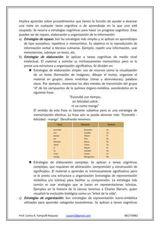 Implica aprender sobre procedimientos que tienen la función de ayudar a alcanzar
una meta en cualquier tarea cognitiva o de aprendizaje en la que uno esté
ocupado. Se recurre a estrategias cognitivas para hacer un progreso cognitivo. Estas
pueden ser de repaso, elaboración y organización de la información
a) Estrategias de repaso: Son las estrategias más simples y se aplican en aprendizajes
   de tipo asociativo, repetitivo o memorístico. Su objetivo es la reproducción de
   información verbal o técnicas rutinarias. Ejemplo, repetir una información, usar
   memotecnias, subrayar un texto, etc.
b) Estrategias de elaboración: Se aplican a tareas cognitivas de medio nivel
   intelectual. El material a asimilar es intrínsecamente memorístico pero se le
   presta una estructura u organización significativa. Se dividen en:
        Estrategias de elaboración simple: uso de recursos como la visualización
           de un texto (formación de imágenes, dibujar el texto); organizar el
           material en grupos; claves mnésticas (rimas y abreviaturas); palabras
           clave. Por ejemplo, memorizar los diez metales de transmisión del grupo
           "d" de los compuestos de la química órgano-metálica, asociándolos en la
           siguiente frase:
                                      "Escondió con tiempo,
                                        sin felicidad cobré,
                                        ni va como manga”
           El sentido de esta frase es bastante subjetiva pero es una estrategia de
           memorización efectiva. La frase aún se puede abreviar más: "Escondió -
           felicidad - manga". Descifrando tenemos:




        Estrategias de elaboración compleja: Se aplican a tareas cognitivas
           complejas, que requieren de abstracción, comprensión y construcción de
           significados. El material a aprender es intrínsecamente significativo pero
           se le presta una estructura u organización (estrategias de representación
           simbólica y/o icónica) para facilitar su comprensión. La estrategia más
           común es usar analogías que se basan en representaciones icónicas.
           Ejemplos en la historia de la ciencia tenemos a Charles Darwin, quien
           visualizó la evolución biológica como un "árbol de la vida".
c) Estrategias de organización: Son estrategias de representación icono-simbólica
   utilizadas para aprender categorías taxonómicas. Se aplican a tareas cognitivas



Prof. Carlos A. Yampufé Requejo   cayare2@gmail.com                         981770982
 