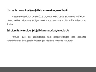 Humanismo radical (subjetivismo-mudança radical)

     Presente nas obras de Lukác,s alguns membros da Escola de Frankfurt,
como Herbert Marcuse, e alguns membros do existencialismo francês como
Sartre.

Estruturalismo radical (objetivismo-mudança radical)

     Postula   que   as   sociedades   são   caracterizadas   por   conflitos
fundamentais que geram mudanças radicais em suas estruturas
 