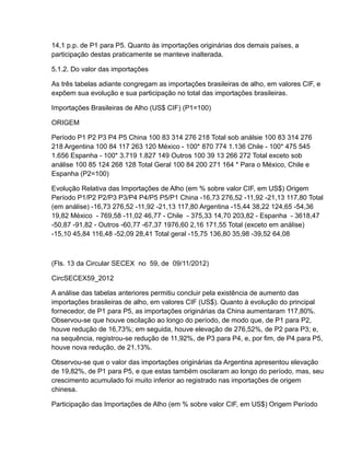 14,1 p.p. de P1 para P5. Quanto às importações originárias dos demais países, a
participação destas praticamente se manteve inalterada.

5.1.2. Do valor das importações

As três tabelas adiante congregam as importações brasileiras de alho, em valores CIF, e
expõem sua evolução e sua participação no total das importações brasileiras.

Importações Brasileiras de Alho (US$ CIF) (P1=100)

ORIGEM

Período P1 P2 P3 P4 P5 China 100 83 314 276 218 Total sob análsie 100 83 314 276
218 Argentina 100 84 117 263 120 México - 100* 870 774 1.136 Chile - 100* 475 545
1.656 Espanha - 100* 3.719 1.827 149 Outros 100 39 13 266 272 Total exceto sob
análise 100 85 124 268 128 Total Geral 100 84 200 271 164 * Para o México, Chile e
Espanha (P2=100)

Evolução Relativa das Importações de Alho (em % sobre valor CIF, em US$) Origem
Período P1/P2 P2/P3 P3/P4 P4/P5 P5/P1 China -16,73 276,52 -11,92 -21,13 117,80 Total
(em análise) -16,73 276,52 -11,92 -21,13 117,80 Argentina -15,44 38,22 124,65 -54,36
19,82 México - 769,58 -11,02 46,77 - Chile - 375,33 14,70 203,82 - Espanha - 3618,47
-50,87 -91,82 - Outros -60,77 -67,37 1976,60 2,16 171,55 Total (exceto em análise)
-15,10 45,84 116,48 -52,09 28,41 Total geral -15,75 136,80 35,98 -39,52 64,08



(Fls. 13 da Circular SECEX no 59, de 09/11/2012)

CircSECEX59_2012

A análise das tabelas anteriores permitiu concluir pela existência de aumento das
importações brasileiras de alho, em valores CIF (US$). Quanto à evolução do principal
fornecedor, de P1 para P5, as importações originárias da China aumentaram 117,80%.
Observou-se que houve oscilação ao longo do período, de modo que, de P1 para P2,
houve redução de 16,73%; em seguida, houve elevação de 276,52%, de P2 para P3; e,
na sequência, registrou-se redução de 11,92%, de P3 para P4, e, por fim, de P4 para P5,
houve nova redução, de 21,13%.

Observou-se que o valor das importações originárias da Argentina apresentou elevação
de 19,82%, de P1 para P5, e que estas também oscilaram ao longo do período, mas, seu
crescimento acumulado foi muito inferior ao registrado nas importações de origem
chinesa.

Participação das Importações de Alho (em % sobre valor CIF, em US$) Origem Período
 