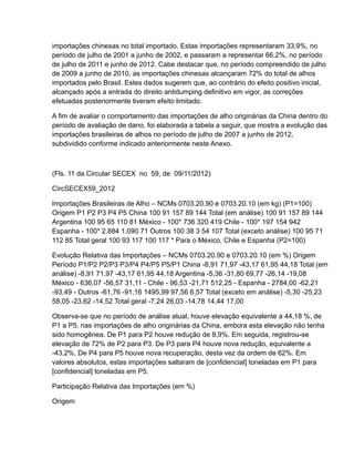 importações chinesas no total importado. Estas importações representaram 33,9%, no
período de julho de 2001 a junho de 2002, e passaram a representar 66,2%, no período
de julho de 2011 e junho de 2012. Cabe destacar que, no período compreendido de julho
de 2009 a junho de 2010, as importações chinesas alcançaram 72% do total de alhos
importados pelo Brasil. Estes dados sugerem que, ao contrário do efeito positivo inicial,
alcançado após a entrada do direito antidumping definitivo em vigor, as correções
efetuadas posteriormente tiveram efeito limitado.

A fim de avaliar o comportamento das importações de alho originárias da China dentro do
período de avaliação de dano, foi elaborada a tabela a seguir, que mostra a evolução das
importações brasileiras de alhos no período de julho de 2007 a junho de 2012,
subdividido conforme indicado anteriormente neste Anexo.



(Fls. 11 da Circular SECEX no 59, de 09/11/2012)

CircSECEX59_2012

Importações Brasileiras de Alho – NCMs 0703.20.90 e 0703.20.10 (em kg) (P1=100)
Origem P1 P2 P3 P4 P5 China 100 91 157 89 144 Total (em análise) 100 91 157 89 144
Argentina 100 95 65 110 81 México - 100* 736 320 419 Chile - 100* 197 154 942
Espanha - 100* 2.884 1.090 71 Outros 100 38 3 54 107 Total (exceto análise) 100 95 71
112 85 Total geral 100 93 117 100 117 * Para o México, Chile e Espanha (P2=100)

Evolução Relativa das Importações – NCMs 0703.20.90 e 0703.20.10 (em %) Origem
Período P1/P2 P2/P3 P3/P4 P4/P5 P5/P1 China -8,91 71,97 -43,17 61,95 44,18 Total (em
análise) -8,91 71,97 -43,17 61,95 44,18 Argentina -5,36 -31,80 69,77 -26,14 -19,08
México - 636,07 -56,57 31,11 - Chile - 96,53 -21,71 512,25 - Espanha - 2784,00 -62,21
-93,49 - Outros -61,76 -91,16 1495,99 97,56 6,57 Total (exceto em análise) -5,30 -25,23
58,05 -23,62 -14,52 Total geral -7,24 26,03 -14,78 14,44 17,00

Observa-se que no período de análise atual, houve elevação equivalente a 44,18 %, de
P1 a P5, nas importações de alho originárias da China, embora esta elevação não tenha
sido homogênea. De P1 para P2 houve redução de 8,9%. Em seguida, registrou-se
elevação de 72% de P2 para P3. De P3 para P4 houve nova redução, equivalente a
-43,2%. De P4 para P5 houve nova recuperação, desta vez da ordem de 62%. Em
valores absolutos, estas importações saltaram de [confidencial] toneladas em P1 para
[confidencial] toneladas em P5.

Participação Relativa das Importações (em %)

Origem
 
