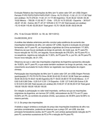 Evolução Relativa das Importações de Alho (em % sobre valor CIF, em US$) Origem
Período P1/P2 P2/P3 P3/P4 P4/P5 P5/P1 China -16,73 276,52 -11,92 -21,13 117,80 Total
(em análise) -16,73 276,52 -11,92 -21,13 117,80 Argentina -15,44 38,22 124,65 -54,36
19,82 México - 769,58 -11,02 46,77 - Chile - 375,33 14,70 203,82 - Espanha - 3618,47
-50,87 -91,82 - Outros -60,77 -67,37 1976,60 2,16 171,55 Total (exceto em análise)
-15,10 45,84 116,48 -52,09 28,41 Total geral -15,75 136,80 35,98 -39,52 64,08



(Fls. 13 da Circular SECEX no 59, de 09/11/2012)

CircSECEX59_2012

A análise das tabelas anteriores permitiu concluir pela existência de aumento das
importações brasileiras de alho, em valores CIF (US$). Quanto à evolução do principal
fornecedor, de P1 para P5, as importações originárias da China aumentaram 117,80%.
Observou-se que houve oscilação ao longo do período, de modo que, de P1 para P2,
houve redução de 16,73%; em seguida, houve elevação de 276,52%, de P2 para P3; e,
na sequência, registrou-se redução de 11,92%, de P3 para P4, e, por fim, de P4 para P5,
houve nova redução, de 21,13%.

Observou-se que o valor das importações originárias da Argentina apresentou elevação
de 19,82%, de P1 para P5, e que estas também oscilaram ao longo do período, mas, seu
crescimento acumulado foi muito inferior ao registrado nas importações de origem
chinesa.

Participação das Importações de Alho (em % sobre valor CIF, em US$) Origem Período
(participação) P1 P2 P3 P4 P5 China 39,90 39,43 62,70 40,61 52,96 Total (em análise)
39,90 39,43 62,70 40,61 52,96 Argentina 59,71 59,93 34,98 57,79 43,60 México - 0,17
0,62 0,40 0,98 Chile - 0,20 0,41 0,35 1,74 Espanha - 0,08 1,27 0,46 0,06 Outros 0,39
0,18 0,03 0,39 0,65 Total (exceto em análise) 60,10 60,57 37,30 59,39 47,04 Total geral
100,00 100,00 100,00 100,00 100,00

Em relação à participação no valor total importado, verificou-se que as importações
originárias da Argentina, em termos CIF (US$), retrocederam de 59,71% em P1 para
43,60% em P5, ao contrário do produto chinês, que passou de 39,90% para 52,96% no
mesmo período.

5.1.3. Do preço das importações

A tabela a seguir sintetiza a evolução do preço das importações brasileiras de alho nos
períodos considerados, podendo-se observar que o preço CIF, em US$, dos dois
principais fornecedores oscilou de P1 para P5, com ambos apresentando redução de P1
para P2, aumentos sucessivos de P2 a P4 e redução de P4 para P5.
 
