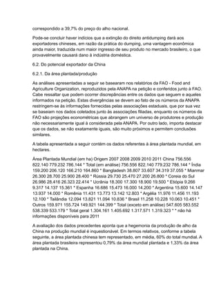 correspondido a 39,7% do preço do alho nacional.

Pode-se concluir haver indícios que a extinção do direito antidumping dará aos
exportadores chineses, em razão da prática do dumping, uma vantagem econômica
ainda maior, traduzida num maior ingresso de seu produto no mercado brasileiro, o que
provavelmente causará dano à indústria doméstica.

6.2. Do potencial exportador da China

6.2.1. Da área plantada/produção

As análises apresentadas a seguir se basearam nos relatórios da FAO - Food and
Agriculture Organization, reproduzidos pela ANAPA na petição e conferidos junto à FAO.
Cabe ressaltar que podem ocorrer discrepâncias entre os dados que seguem e aqueles
informados na petição. Estas divergências se devem ao fato de os números da ANAPA
restringem-se às informações fornecidas pelas associações estaduais, que por sua vez
se baseiam nos dados coletados junto às associações filiadas, enquanto os números da
FAO são projeções econométricas que abrangem um universo de produtores e produção
não necessariamente igual à considerada pela ANAPA. Por outro lado, importa destacar
que os dados, se não exatamente iguais, são muito próximos e permitem conclusões
similares.

A tabela apresentada a seguir contém os dados referentes à área plantada mundial, em
hectares.

Área Plantada Mundial (em ha) Origem 2007 2008 2009 2010 2011 China 756.556
822.140 779.232 786.144 * Total (em análise) 756.556 822.140 779.232 786.144 * Índia
159.200 206.120 166.210 164.860 * Bangladesh 38.807 33.607 34.319 37.055 * Mianmar
26.300 28.700 25.900 28.400 * Rússia 29.730 25.470 27.200 26.800 * Coreia do Sul
26.986 28.416 26.323 22.414 * Ucrânia 18.300 17.300 18.900 19.500 * Etiópia 9.266
9.317 14.137 15.361 * Espanha 16.686 15.473 16.000 14.200 * Argentina 15.600 14.147
13.937 14.000 * Romênia 11.431 13.773 13.142 12.803 * Argélia 11.976 11.456 11.193
12.100 * Tailândia 12.094 13.821 11.094 10.836 * Brasil 11.258 10.228 10.063 10.451 *
Outros 159.971 155.724 149.921 144.399 * Total (exceto em análise) 547.605 583.552
538.339 533.179 * Total geral 1.304.161 1.405.692 1.317.571 1.319.323 * * não há
informações disponíveis para 2011

A avaliação dos dados precedentes aponta que a hegemonia da produção de alho da
China na produção mundial é inquestionável. Em termos relativos, conforme a tabela
seguinte, a área plantada chinesa tem representado, em média, 60% do total mundial. A
área plantada brasileira representou 0,79% da área mundial plantada e 1,33% da área
plantada na China.
 