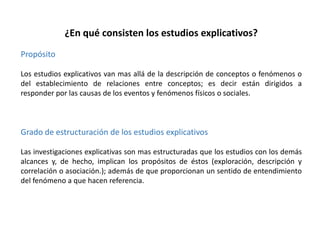 ¿En qué consisten los estudios explicativos?
Propósito
Los estudios explicativos van mas allá de la descripción de conceptos o fenómenos o
del establecimiento de relaciones entre conceptos; es decir están dirigidos a
responder por las causas de los eventos y fenómenos físicos o sociales.

Grado de estructuración de los estudios explicativos
Las investigaciones explicativas son mas estructuradas que los estudios con los demás
alcances y, de hecho, implican los propósitos de éstos (exploración, descripción y
correlación o asociación.); además de que proporcionan un sentido de entendimiento
del fenómeno a que hacen referencia.

 