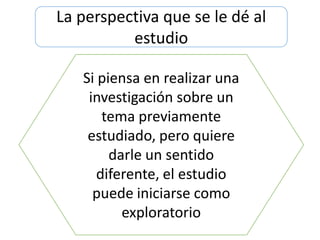 La perspectiva que se le dé al
estudio
Si piensa en realizar una
investigación sobre un
tema previamente
estudiado, pero quiere
darle un sentido
diferente, el estudio
puede iniciarse como
exploratorio

 