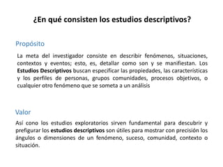 ¿En qué consisten los estudios descriptivos?
Propósito
La meta del investigador consiste en describir fenómenos, situaciones,
contextos y eventos; esto, es, detallar como son y se manifiestan. Los
Estudios Descriptivos buscan especificar las propiedades, las características
y los perfiles de personas, grupos comunidades, procesos objetivos, o
cualquier otro fenómeno que se someta a un análisis

Valor
Así cono los estudios exploratorios sirven fundamental para descubrir y
prefigurar los estudios descriptivos son útiles para mostrar con precisión los
ángulos o dimensiones de un fenómeno, suceso, comunidad, contexto o
situación.

 