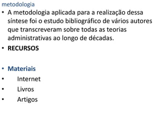 metodologia

• A metodologia aplicada para a realização dessa
síntese foi o estudo bibliográfico de vários autores
que transcreveram sobre todas as teorias
administrativas ao longo de décadas.
• RECURSOS
• Materiais
•
Internet
•
Livros
•
Artigos

 