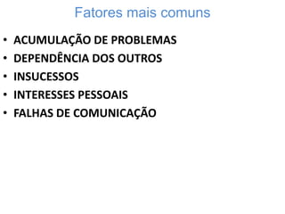 Fatores mais comuns
•
•
•
•
•

ACUMULAÇÃO DE PROBLEMAS
DEPENDÊNCIA DOS OUTROS
INSUCESSOS
INTERESSES PESSOAIS
FALHAS DE COMUNICAÇÃO

 