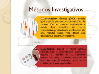 Métodos Investigativos
Cuantitativo: Gómez (2006) señala
que bajo la perspectiva cuantitativa, la
recolección de datos es equivalente a
medir. Los estudios de corte
cuantitativo pretenden la explicación de
una realidad social vista desde una
perspectiva externa y objetiva.
Cualitativo: Blasco y Pérez (2007),
señalan que la investigación cualitativa
estudia la realidad en su contexto
natural y cómo sucede, sacando e
interpretando fenómenos de acuerdo
con las personas implicadas.
 