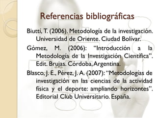 Referencias bibliográficas
Biuttí, T. (2006). Metodología de la investigación.
Universidad de Oriente. Ciudad Bolívar.
Gómez, M. (2006): “Introducción a la
Metodología de la Investigación Científica”.
Edit. Brujas. Córdoba,Argentina.
Blasco, J. E., Pérez, J. A. (2007): “Metodologías de
investigación en las ciencias de la actividad
física y el deporte: ampliando horizontes”.
Editorial Club Universitario. España.
 