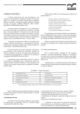 www.grupouniasselvi.com.br
19
3 PESQUISA CIENTÍFICA
A ciência, desenvolvida por meio da pesquisa, é um
conjunto de procedimentos sistemáticos, baseados no raciocínio
lógico, com o objetivo de encontrar soluções para os problemas
propostos, mediante o emprego de métodos científicos e definição
de tipos de pesquisa. (CERVO; BERVIAN, 2002; ALVES-
MAZZOTTI; GEEWANDSZAJDER, 1999).
A pesquisa objetiva a produção de novos conhecimentos
por meio da utilização de procedimentos científicos. Contribui
para o trato dos problemas e processos do dia a dia nas mais
diversas atividades humanas, no ambiente do trabalho, nas ações
comunitárias, no processo de formação e outros. O conhecimento
torna-se uma premissa para o desenvolvimento do ser humano e a
pesquisa como a consolidação da ciência. (SILVA, 2008).
“A pesquisa, tanto para efeito científico como profissional,
envolve a abertura de horizontes e a apresentação de diretrizes
fundamentais, que podem contribuir para o desenvolvimento do
conhecimento.” (OLIVEIRA, 2002, p. 62).
O desenvolvimento da pesquisa demanda investimentos
governamentais, como também de instituições privadas, em
ciência e tecnologia e, ainda, de criatividade, rigor, conhecimento
e competência dos pesquisadores - acadêmicos e/ou cientistas já
consagrados. (MENEZES; VILLELA, 2010).
O pesquisador utiliza conhecimentos teóricos e práticos.
É necessário ter habilidades para a utilização de técnicas de
análise, entender os métodos científicos e os procedimentos, com
o objetivo de encontrar respostas para as perguntas formuladas.
(SILVA, 2008).
Collis e Hussey (2005, p. 16) ressaltam que o objetivo da
pesquisa pode ser:
• Revisar e sintetizar o conhecimento existente;
• Investigar alguma situação ou problema existente;
• Fornecer soluções para um problema;
• Explorar e analisar questões mais gerais;
• Construir ou criar um novo procedimento ou sistema;
• Explicar um novo fenômeno;
• Gerar novo conhecimento;
• Uma combinação de quaisquer dos itens acima.
Os pesquisadores necessitam de métodos e procedimentos
precisos, planejamento eficaz, critérios e instrumentos adequados
que passem confiança e credibilidade, tanto aos envolvidos quanto
no resultado do trabalho. (MENEZES; VILLELA, 2010).
Portanto,éfundamentaloestabelecimentodeprocedimentos
de estudo em consonância com as etapas de desenvolvimento da
pesquisa.
3.1 ETAPAS DA PESQUISA
Para o desenvolvimento adequado de uma pesquisa
científica, é necessário planejamento cuidadoso e investigação
de acordo com as normas da metodologia científica, tanto aquela
referente à forma quanto a que se refere ao conteúdo. (OLIVEIRA,
2002, p. 62).
O planejamento e a execução da pesquisa fazem parte de
um procedimento sistematizado que compreende etapas, conforme
se expõe no Quadro 1.
a) Delimitação do tema				 f) Metodologia
b) Formulação do problema				 g) Coleta de dados
c) Determinação de objetivos				 0h) Análise e discussão dos resultados
d) Justificativa					 i) Considerações finais
e) Fundamentação teórica				 j) Redação e apresentação da pesquisa
Fonte: Adaptado de Lakatos e Marconi (2001), Barros e Lehfeld (2000) e Cervo e Bervian (2002).
QUADRO 1 - Etapas da pesquisa
Assim, é fundamental a apresentação das fases da pesquisa
nos documentos técnico-científicos, citadas no quadro 1, e que são
elucidadas a seguir.
a) Delimitação do tema
A escolha do tema da pesquisa geralmente é um momento
de angústia para o pesquisador. Este deve considerar alguns
critérios (SILVA, 2008; GIL, 1996):
• Conhecimento prévio de autores, temas, assuntos, matérias;
• Disponibilidade de tempo e de recursos para a pesquisa;
• Existência de bibliografia disponível no assunto;
• Possibilidade de orientação e supervisão adequada dentro do
assunto;
• Relevância e fecundidade do assunto.
A definição do tema deverá ser guiada não apenas por
razões intelectuais, mas também por questões como a instituição,
o nível de conhecimento e a perspectiva profissional.
 