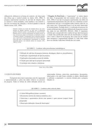 www.grupouniasselvi.com.br
24
• Definição de cada tipo de pesquisa (natureza, abordagem, objetivos, procedimentos)
• Explicação e argumentação do tipo de pesquisa
• Explicações relacionadas ao tema do trabalho
• Citações para cada tipo de pesquisa apresentada
• Correlação entre citações e referências
QUADRO 2 – Lembrete sobre procedimentos metodológicos
Fonte: Silva e Silva (2006).
3.3 Coleta de dados
	 O propósito deste item é mencionar como foi organizada
e operacionalizada a coleta dos dados relativos ao processo
de pesquisa. Todas as formas de coleta utilizadas devem ser
mencionadas (leituras, entrevistas, questionários, documentos,
observação) e de onde foram coletados os dados, identificando
o ambiente, a população e a amostra retirada para a pesquisa
(Quadro 3).
• Coletas bibliográficas (temas e assuntos)
• Documentos internos da empresa (relatórios, etc.)
• Entrevistas e questionários devem citar quantas e quais pessoas (cargos) foram
pesquisadas
• Observação (definição e forma de observação)
QUADRO 3 – Lembrete sobre coleta de dados
influenciá-lo, definem-se as formas de controle e de observação
dos efeitos que a variável produz no objeto. (GIL, 2006). A
pesquisa experimental necessita de previsão de relações entre
as variáveis a serem estudadas, como também o seu controle e,
por isso, na maioria das situações, é inviável quando se trata de
objetos sociais. (GIL, 1996).
Quando os objetos em estudo são entidades físicas, tais como:
porções de líquidos, bactérias ou ratos, não se identificam
grandes limitações quanto à possibilidade de experimentação.
Quando, porém, se trata de experimentar com objetos sociais, ou
seja, com pessoas, grupos ou instituições, as limitações tornam-
se bastante evidentes. Considerações éticas e humanas impedem
que o experimento se faça eficientemente nas ciências humanas,
razão pela qual os procedimentos experimentais se mostram
adequados apenas a um reduzido número de situações. (GIL,
1996, p. 53-54).
• Pesquisa Ex-Post-Facto: o “experimento” se realiza depois
dos fatos. O pesquisador não tem controle sobre as variáveis.
(GIL, 2006). É um tipo de pesquisa experimental, mas difere da
experimental propriamente dita pelo fato de o fenômeno ocorrer
naturalmente sem que o investigador tenha controle sobre ele, ou
seja, nesse caso, o pesquisador passa a ser um mero observador
do acontecimento. Exemplo disso é a verificação do processo de
erosão sofrido por uma rocha por influência do choque proveniente
das ondas do mar. (BOENTE; BRAGA, 2004). É importante
salientar que o pesquisador deve explicar de que tipo de pesquisa
o estudo trata, justificando cada item de classificação e a relação
com o tema e objetivos da pesquisa; deve fazer uso de citações
para enriquecer a argumentação (Quadro 2). Toda fonte citada
deve ser referida e toda fonte referida deve ser citada.
 