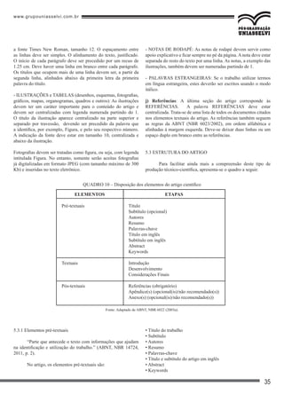 www.grupouniasselvi.com.br
35
ELEMENTOS
Pré-textuais
Textuais
Pós-textuais
ETAPAS
Título
Subtítulo (opcional)
Autores
Resumo
Palavras-chave
Título em inglês
Subtítulo em inglês
Abstract
Keywords
Introdução
Desenvolvimento
Considerações Finais
Referências (obrigatório)
Apêndice(s) (opcional(is)/não recomendado(s))
Anexo(s) (opcional(is)/não recomendado(s))
Fonte: Adaptado de ABNT, NBR 6022 (2003a).
QUADRO 10 – Disposição dos elementos do artigo científico
5.3.1 Elementos pré-textuais
“Parte que antecede o texto com informações que ajudam
na identificação e utilização do trabalho.” (ABNT, NBR 14724,
2011, p. 2).
No artigo, os elementos pré-textuais são:
• Título do trabalho
• Subtítulo
• Autores
• Resumo
• Palavras-chave
• Título e subtítulo do artigo em inglês
• Abstract
• Keywords
a fonte Times New Roman, tamanho 12. O espaçamento entre
as linhas deve ser simples. O alinhamento do texto, justificado.
O início de cada parágrafo deve ser precedido por um recuo de
1.25 cm. Deve haver uma linha em branco entre cada parágrafo.
Os títulos que ocupem mais de uma linha devem ser, a partir da
segunda linha, alinhados abaixo da primeira letra da primeira
palavra do título.
- ILUSTRAÇÕES e TABELAS (desenhos, esquemas, fotografias,
gráficos, mapas, organogramas, quadros e outros): As ilustrações
devem ter um caráter importante para o conteúdo do artigo e
devem ser centralizadas com legenda numerada partindo do 1.
O título da ilustração aparece centralizado na parte superior e
separado por travessão, devendo ser precedido da palavra que
a identifica, por exemplo, Figura, e pelo seu respectivo número.
A indicação da fonte deve estar em tamanho 10, centralizada e
abaixo da ilustração.
Fotografias devem ser tratadas como figura, ou seja, com legenda
intitulada Figura. No entanto, somente serão aceitas fotografias
já digitalizadas em formato JPEG (com tamanho máximo de 300
Kb) e inseridas no texto eletrônico.
- NOTAS DE RODAPÉ: As notas de rodapé devem servir como
apoio explicativo e ficar sempre no pé da página. A nota deve estar
separada do resto do texto por uma linha. As notas, a exemplo das
ilustrações, também devem ser numeradas partindo de 1.
- PALAVRAS ESTRANGEIRAS: Se o trabalho utilizar termos
em língua estrangeira, estes deverão ser escritos usando o modo
itálico.
j) Referências: A última seção do artigo corresponde às
REFERÊNCIAS. A palavra REFERÊNCIAS deve estar
centralizada. Trata-se de uma lista de todos os documentos citados
nos elementos textuais do artigo. As referências também seguem
as regras da ABNT (NBR 6023/2002), em ordem alfabética e
alinhadas à margem esquerda. Deve-se deixar duas linhas ou um
espaço duplo em branco entre as referências.
5.3 ESTRUTURA DO ARTIGO
Para facilitar ainda mais a compreensão deste tipo de
produção técnico-científica, apresenta-se o quadro a seguir.
 