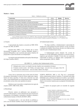 www.grupouniasselvi.com.br
38
Modelo 4 – Tabela
Tabela 1 – Medidas dos construtos
Fonte: SANTOS, Ananias Francisco dos; GREUEL, Marcos Alexandre; TOLEDO FILHO, Jorge Ribeiro de. A importância da
disciplina Mercadode Capitais na visão dos egressos do curso de Ciências Contábeis.Leonardo Pós, Blumenau, v. 5, n. 17, jul./dez. 2010.
Construtos
Abordagem da Disciplina Mercado de Capitais
Importância dos Assuntos Abordados na Ementa da Disciplina
Importância de Estudar Alguns Autores da Área de Mercado de Capitais
Relevância e Necessidade da Disciplina Mercado de Capitais
Importância da Literatura, de Seminários, de Palestras e de Cursos de Extensão
Importância de o Professor Cursar Pós-Graduação
Importância da Vivência Profissional do Professor
Importância da Didática do Professor
0,737
0,898
0,779
0,749
0,767
0,891
0,768
0,776
3,23
2,39
3,59
3,37
3,52
2,21
3,95
3,13
0,58
1,23
0,91
0,94
0,87
1,23
0,85
0,86
Alpha Média Desvio
c) Citações
	 A apresentação das citações se encontra na NBR 10520,
de agosto de 2002, da ABNT.
	 Segundo Ruiz (2002, p. 83), “Citações são os textos
documentais levantados com a máxima fidelidade durante a
pesquisa bibliográfica e que se prestam para apoiar a hipótese do
pesquisador ou para documentar sua interpretação”.
	 Ascitaçõesserãoaprofundadasnadisciplina Metodologia
do Artigo Científico (MAC).
d) Fundamentação teórica
	 No artigo científico, a fundamentação é apresentada de
acordo com o tema proposto nos itens internos, ou seja, nos títulos
e subtítulos do trabalho. Dessa forma, não deve ser criado um item
específico para a fundamentação teórica.
	 A fundamentação teórica (Quadro 14), revisão da
literatura ou revisão bibliográfica, apresenta os conceitos teórico-
empíricos que nortearão o trabalho. O texto deve ser construído
expressando as leituras e os diálogos entre o pesquisador e os
autores pesquisados. (SILVA, 2006b).
• Relação entre o texto e as citações (uso das citações com comentários do aluno)
• Citações corretas (curtas - até 3 linhas, com aspas; longas - recuo de 4 cm, sem aspas e letra 10)
• Tema (área de conhecimento – área de estudo, objetivo do artigo)
QUADRO 14 – Lembrete sobre fundamentação teórica
	 Assim, deve-se apresentar uma revisão crítica de fontes
de pesquisa relacionadas ao tema de forma ampla para, depois,
fazê-la de forma específica. O aluno deve relacionar sua visão
sobre o tema fundamentado aos acontecimentos atuais e trabalhos
já realizados na área, bem como opiniões de autores.
	 Salienta-se que é necessário o cumprimento das regras de
citações (ABNT, NBR 10520, 2002).
e) Metodologia
	 Diversos autores já publicaram suas percepções e
conceitos sobre pesquisa, e vários salientam que esta é um processo
de perguntas e investigação; é sistemática e metódica e aumenta o
conhecimento humano. (COLLIS; HUSSEY, 2005).
	 “A pesquisa parte [...] de uma dúvida ou problema e,
com o uso do método científico, busca uma reposta ou solução”.
(CERVO; BERVIAN, 2002, p. 63). Para tal, o pesquisador
utiliza conhecimentos teóricos e práticos. É necessário que tenha
habilidades para a utilização de técnicas de análise e que entenda
os métodos científicos e os procedimentos para que possa atingir o
objetivo de encontrar respostas para as perguntas formuladas para
o estudo.
O objetivo da pesquisa pode ser resumido da seguinte
maneira:
• revisar e sintetizar o conhecimento existente;
• investigar alguma situação ou problema existente;
• fornecer soluções para um problema;
• explorar e analisar questões mais gerais;
• construir ou criar um novo procedimento ou sistema;
• explicar um novo fenômeno;
• gerar novo conhecimento;
• uma combinação de quaisquer dos itens acima. (COLLIS;
HUSSEY, 2005, p. 16).
 