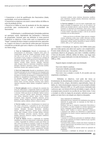 www.grupouniasselvi.com.br
432
Sugere-se que os elementos pós-textuais Apêndices e Anexos não sejam incluídos na Revista Leonardo Pós.
• Caracterizar o nível de qualificação dos funcionários (idade,
escolaridade, nível socioeconômico);
• Caracterizar as empresas com maior e menor índices de falhas no
setor de produção de fios;
• Descrever as falhas no setor de produção de fios das empresas
envolvidas para correlacioná-las com a escolaridade dos
funcionários.
	 A delimitação e a problematização formuladas poderiam
ser quaisquer outras, dependendo das inclinações e interesses
do pesquisador. Somente após sua definição se torna possível
estabelecer os objetivos. Como serão estes os responsáveis por
“fisgar”aatençãodoleitoremanteracoerênciadotexto,apresenta-
se, a seguir e no Anexo A, uma lista de verbos para que você possa
consultá-los ao decidir qual será o objetivo a ser desenvolvido no
seu futuro artigo.
1. Nível de Conhecimento: Baseado na memorização, no
armazenamento de informações. Comporta vários graus de
complexidade, desde uma simples informação isolada, como
uma data ou um nome, até o conhecimento de uma teoria
ou estrutura. O que se deseja é a lembrança ou a retenção da
informação apropriada. Verbos que devem ser utilizados: Definir,
identificar, nomear, repetir, inscrever, listar, apontar, marcar,
registrar, recordar, relatar, enunciar, sublinhar, relacionar,
expor, designar, descrever, mencionar, exemplificar, enumerar,
distinguir, reproduzir, especificar, explicar, selecionar, detalhar,
determinar, mostrar, citar, explanar (e outros).
2. Nível de Compreensão: Baseado no entendimento. Inclui a
translação (passagem de uma mensagem de uma linguagem para
outra), a interpretação (envolve o entendimento de interpelação
das partes ou estrutura da mensagem) e a extrapolação (envolve
predição de conseqüências da mensagem). Verbos que devem
ser utilizados: Distinguir, explicar, predizer,estimar, traduzir,
transcrever, descrever, reafirmar, localizar, revisar. discutir,
ilustrar, narrar, converter, relacionar, sumariar, expor, deduzir,
organizar, interpretar, definir, debater, exemplificar, explicar (e
outros).
3. Nível de Aplicação: envolve a utilização dos conteúdos dos
níveis de conhecimento e compreensão. Refere-se à capacidade
de utilizar um material (conteúdo) apreendido em situações novas
e concretas. Verbos que devem ser utilizados: Aplicar, resolver,
construir, converter, calcular, operar, demonstrar, interpretar,
usar, utilizar, dramatizar, praticar, operar, ilustrar, esboçar,
inventariar, traçar, relacionar, manipular, manusear, provar,
preparar, calcular, modificar, descrever, determinar, distinguir,
discriminar, explicar, elaborar, utilizar e efetuar (e outros).
4. Nível de Análise: envolve o desdobramento do material em
suas partes consecutivas, a percepção de suas inter-relações
e os modos de organização. Verbos que devem ser utilizados:
Analisar, distinguir, decompor, discriminar, identificar,
ilustrar, relacionar, diferenciar, calcular, provar, categorizar,
experimentar, comparar, criticar, investigar, debater, examinar,
inferir, determinar, selecionar, enunciar, fracionar, separar,
detalhar, especificar, descrever, explicar, designar, estabelecer,
posicionar (e outros).
5. Nível de Síntese: Envolve a organização de conteúdos
trabalhados nos níveis de conhecimento, compreensão, aplicação
e análise. Capacidade de combinar as partes para formar um
todo. Nesse nível deseja-se a projeção e criação de um produto
original, a partir dos assuntos abordados. Verbos que devem ser
utilizados: Escrever, propor, explicar, combinar, compilar, criar,
planejar, organizar, sumariar, compor, esquematizar, formular,
coordenar, conjugar, reunir, construir, dirigir, delinear, relatar,
reconstruir, produzir, narrar, sintetizar, demonstrar, modificar,
gerar, determinar, conceber, projetar, dimensionar, representar,
executar, montar (e outros).
6. Nível de Avaliação: É o nível de maior complexidade, pois
implica atividades de julgamento, isto é, uso de critérios e de
padrões que permitam apreciar o grau de precisão, efetividade,
economia ou suficiência de pormenores. Nesse nível, o aluno
apresenta seu ponto de vista, o seu julgamento particular sobre
o assunto tratado. Capacidade de julgar o valor de um material
(conteúdo) com um dado propósito.
	 Verbos que devem ser utilizados: Julgar, apreciar, comparar,
concluir, interpretar, avaliar, taxar, validar, selecionar, escolher,
medir, estimar, qualificar, justificar, categorizar, criticar, embasar,
fundamentar, estimar, analisar, demonstrar (e outros). (COSTA;
COSTA, 2001, p. 55-57, grifo dos autores).
Quanto à formulação do objetivo, Gil (2006) alerta para
que esse tenha apenas uma ideia (um sujeito e um complemento).
O autor ainda salienta que, “discussões, reflexões ou debates não
constituem objetivos de pesquisa, pois todo o trabalho científico
é fruto de discussão, reflexão, debate de ideias, cujo lugar mais
adequado é no espaço dedicado à revisão da literatura [...].” (GIL,
2006, p. 264).
Seguem alguns exemplos para sua orientação:
Este texto objetiva analisar...
O presente trabalho pretende comparar...
Este texto tem em vista explicar ...
Este texto visa a estudar o evento X, de acordo com seu
surgimento cronológico...
	 Definidos os objetivos, você pode dar início ao
levantamento da documentação existente sobre o assunto. É hora
de consultar livros, artigos, dicionários especializados, bases de
dados, etc.Antes de prosseguir, transcreve-se um exemplo coletado
em Lakatos e Marconi (2001, p. 116, grifo nosso), ilustrando todo
o processo que você desenvolverá nas atividades a seguir, a fim de
se preparar para executá-lo na escolha do seu futuro tema. Como
o exemplo se refere às etapas de um projeto, salienta-se que você
poderá ser mais breve em relação aos objetivos desejados.
Tema: Aspirações dos trabalhadores.
Delimitação do tema:Aspirações dos trabalhadores das empresas
industriais de grande porte, no município de São Paulo, no
momento atual (1983).
Problema: Será que as categorias ocupacionais (burocráticas e
de produção) e os status ocupados na estrutura organizacional
levam o empregado a possuir diferentes tipos de aspirações?
Objetivo geral: Verificar os motivos específicos extrínsecos
e intrínsecos que influem e/ou determinam as aspirações dos
trabalhadores em relação à natureza organizacional da empresa
industrial.
Objetivos específicos:
• examinar se os problemas particulares do trabalhador influem
mais em suas aspirações em relação à empresa do que os gerados
pela própria organização;
• da mesma forma, analisar a relação entre fatores originados da
estrutura organizacional e da estrutura social, no que se refere às
alterações de aspirações;
• observar a influência do aumento salarial nas aspirações do
trabalhador;
• determinar a viabilidade da utilização das aspirações do
 
