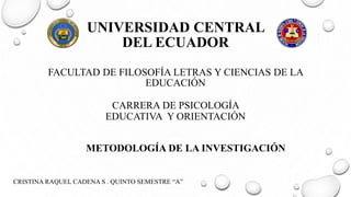 UNIVERSIDAD CENTRAL
DEL ECUADOR
FACULTAD DE FILOSOFÍA LETRAS Y CIENCIAS DE LA
EDUCACIÓN
CARRERA DE PSICOLOGÍA
EDUCATIVA Y ORIENTACIÓN
METODOLOGÍA DE LA INVESTIGACIÓN
CRISTINA RAQUEL CADENA S . QUINTO SEMESTRE “A”
 