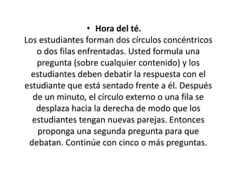 • Hora del té.
Los estudiantes forman dos círculos concéntricos
o dos filas enfrentadas. Usted formula una
pregunta (sobre cualquier contenido) y los
estudiantes deben debatir la respuesta con el
estudiante que está sentado frente a él. Después
de un minuto, el círculo externo o una fila se
desplaza hacia la derecha de modo que los
estudiantes tengan nuevas parejas. Entonces
proponga una segunda pregunta para que
debatan. Continúe con cinco o más preguntas.
 