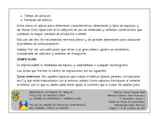 UNIVERSIDAD AUTÓNOMA DE SINALOA
FACULTAD DE ARQUITECTURA
Lic. DISEÑO DE INTERIORES Y AMBIENTACION
TALLER DE DISEÑO DE ESPACIOS TEMPORALES
ARQ. MARIBEL PRIETO ALVARADO
Beltrán Pérez Denisse Noeli
Mendoza Zamora José Francisco
5° Semestre | Grupo 2
Diseño de Stand de Exposiciones
Metodología según teóricos
Página 3 | 14 de octubre de 2019
• Tiempo de duración.
• Demanda del edificio.
Estos datos se aplican para determinar características, dimensiones y tipos de espacios, y
de stands. Esto repercute en la selección de uso de materiales y sistemas constructivos que
combinan, la mayor variedad de productos a exhibir.
Elección del sitio. Se recomiendan terrenos planos y de grandes dimensiones para solucionar
el problema de estacionamiento
Vialidad. Por ser una edificación que atrae a un gran público, genera un movimiento
considerable de vehículos y sistemas de transporte.
ZONIFICACION
Es Imprescindible la flexibilidad del espacio y adaptabilidad a cualquier escenografía.
Las zonas que forman el centro de exposiciones son las siguientes:
Zonas exteriores. Son aquellos espacios que rodean el edificio (plazas, jardines, circulaciones,
etc.) y que estan relacionados con el entorno urbano. Estos espacios introducen al visitante
al interior, por lo que su diseño debe estar ligado al contexto que lo rodea. Se diseñan para
 