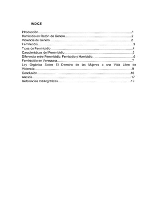 INDICE
Introducción……………………………………………………………………………….1
Homicidio en Razón de Genero………………………………………………………..2
Violencia de Genero…………………………………………………………………….2
Feminicidio……………………………………………………………………………..….3
Tipos de Feminicidio……………………………………………………………………..4
Características del Feminicidio…………………………………………………………5
Diferencia entre Feminicidio, Femicidio y Homicidio………………………………….6
Feminicidio en Venezuela…………………………………………………………….…7
Ley Orgánica Sobre El Derecho de las Mujeres a una Vida Libre de
Violencia…………………………………………………………………………………..9
Conclusión……………………………………………………………………………….16
Anexos……………………………………………………………………………………17
Referencias Bibliográficas………………………………………………………….….19
 