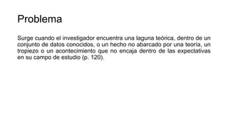 Problema
Surge cuando el investigador encuentra una laguna teórica, dentro de un
conjunto de datos conocidos, o un hecho no abarcado por una teoría, un
tropiezo o un acontecimiento que no encaja dentro de las expectativas
en su campo de estudio (p. 120).
 
