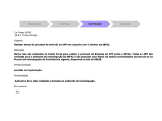 3.4 Testes SEFAZ
[3.4.1. Testes Iniciais]
Objetivo
Realizar testes do processo de emissão de APP em conjunto com o sistema da SEFAZ.
Descrição
Nesta fase são realizados os testes livres para validar o processo de Emissão da APP junto a SEFAZ. Todas as APP são
enviadas para o ambiente de homologação da SEFAZ e não possuem valor fiscal. Os testes recomendados encontram-se no
Manual de Homologação do Contribuinte vigente, disponível no site da SEFAZ.
Perfis envolvidos
Analista de Implantação
Pré-condições
Aplicativo deve estar instalado e testado no ambiente de homologação.
Documentos
 