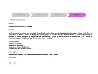 4.2. Fechamento do projeto
Objetivo
Formalizar a conclusão do Projeto.
Descrição
Neste processo formaliza-se a conclusão do projeto transferindo o contato da equipe do cliente para o Help Desk. Deve-se
apresentar ao cliente a equipe de Help Desk, que informará ao Coordenador dos Usuários Finais, as formas e períodos para
contato. O ponto marcante é assinatura dos documentos “Termo de Encerramento do Projeto.doc” e o “Termo de
Transferência para Help Desk” que dão por encerrado o projeto.
Perfis envolvidos
Gerente de Projeto
Gerente de Help Desk
Gerente de Projeto do Cliente
Coordenador dos Usuários Finais
Pré-condições
Aceite do documento “Documento de Pós-implantação.doc” pelo Cliente.
Documentos
 