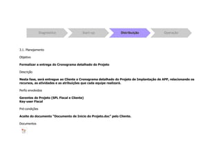 3.1. Planejamento
Objetivo
Formalizar a entrega do Cronograma detalhado do Projeto
Descrição
Nesta fase, será entregue ao Cliente o Cronograma detalhado do Projeto de Implantação de APP, relacionando os
recursos, as atividades e as atribuições que cada equipe realizará.
Perfis envolvidos
Gerentes de Projeto (SPL Fiscal e Cliente)
Key-user Fiscal
Pré-condições
Aceite do documento “Documento de Inicio do Projeto.doc” pelo Cliente.
Documentos
 
