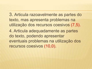 3. Articula razoavelmente as partes do
texto, mas apresenta problemas na
utilização dos recursos coesivos (7,5).
4. Articula adequadamente as partes
do texto, podendo apresentar
eventuais problemas na utilização dos
recursos coesivos (10,0).
 