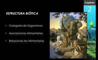 Capítulo



ESTRUCTURA BIÓTICA
                                   2
• Categoría de Organismos

•   Asociaciones Alimentarias

•   Relaciones No Alimentarias
 