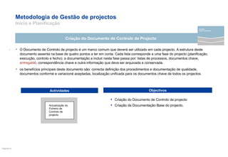 Metodologia de Gestão de projectos  Início e Planificação O Documento de Controlo de projecto é um marco comum que deverá ser utilizado em cada projecto. A estrutura deste documento assenta na base de quatro pontos a ter em conta. Cada lista corresponde a uma fase do projecto (planificação, execução, controlo e fecho). a documentação a incluir nesta fase passa por: listas de processos, documentos chave,  entregablé , correspondência chave e outra informação que deva ser arquivada e conservada. os benefícios principais deste documento são: correcta definição dos procedimentos e documentação de qualidade, documentos conformé e variacioné aceptadas, localização unificada para os documentos chave de todos os projectos. Criação do Documento de Controlo de Projecto . .  Criação do Documento de Controlo de projecto Criação da Documentação Base do projecto. Actividades Objectivos Actualização do Ficheiro de Controlo de projecto projecto Desenvovimento 