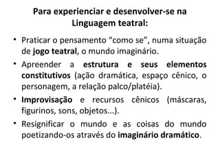 • Praticar o pensamento “como se”, numa situação
de jogo teatral, o mundo imaginário.
• Apreender a estrutura e seus elementos
constitutivos (ação dramática, espaço cênico, o
personagem, a relação palco/platéia).
• Improvisação e recursos cênicos (máscaras,
figurinos, sons, objetos...).
• Resignificar o mundo e as coisas do mundo
poetizando-os através do imaginário dramático.
Para experienciar e desenvolver-se na
Linguagem teatral:
 