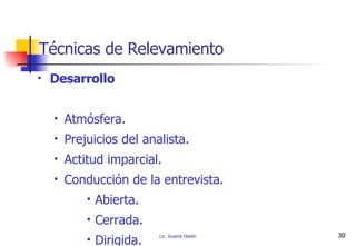 Desarrollo Atmósfera. Prejuicios del analista. Actitud imparcial. Conducción de la entrevista. Abierta. Cerrada. Dirigida. Técnicas de Relevamiento 