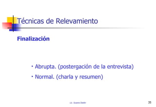 Finalización Abrupta. (postergación de la entrevista) Normal. (charla y resumen) Técnicas de Relevamiento 