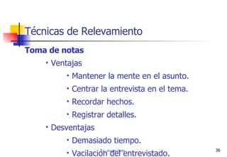 Toma de notas Ventajas Mantener la mente en el asunto. Centrar la entrevista en el tema. Recordar hechos. Registrar detalles. Desventajas Demasiado tiempo. Vacilación del entrevistado. Técnicas de Relevamiento 