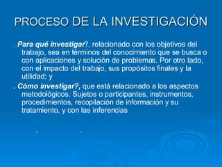PROCESO  DE LA INVESTIGACIÓN .  Para qué investigar ?, relacionado con los objetivos del  trabajo, sea en términos del conocimiento que se busca o con aplicaciones y solución de problemas. Por otro lado, con el impacto del trabajo, sus propósitos finales y la utilidad; y . Cómo investigar?,  que está relacionado a los aspectos metodológicos. Sujetos o participantes, instrumentos, procedimientos, recopilación de información y su tratamiento, y con las inferencias .  .   