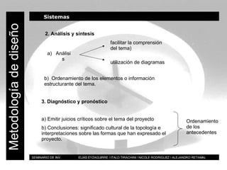 BT SEMINARIO DE INV.  ELIAS EYZAGUIRRE / ITALO TIRACHINI / NICOLE RODRIGUEZ / ALEJANDRO RETAMAL Metodología de diseño Sistemas 2. Análisis y síntesis Análisis facilitar la comprensión del tema) utilización de diagramas  b)  Ordenamiento de los elementos o información estructurante del tema.  3. Diagnóstico y pronóstico a) Emitir juicios críticos sobre el tema del proyecto  b) Conclusiones: significado cultural de la topología e interpretaciones sobre las formas que han expresado el proyecto. Ordenamiento de los antecedentes 