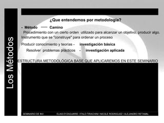 BT SEMINARIO DE INV.  ELIAS EYZAGUIRRE / ITALO TIRACHINI / NICOLE RODRIGUEZ / ALEJANDRO RETAMAL Los Métodos ESTRUCTURA METODOLÓGICA BASE QUE APLICAREMOS EN ESTE SEMINARIO ¿Que entendemos por metodología? -  Método  Camino   Procedimiento con un cierto orden  utilizado para alcanzar un objetivo, producir algo. Instrumento que se "construye" para ordenar un proceso Producir conocimiento y teorías -  investigación básica  Resolver  problemas prácticos  -  investigación aplicada 
