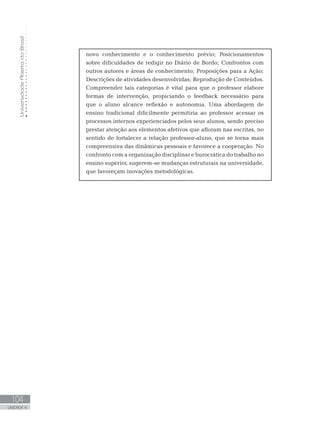 UniversidadeAbertadoBrasil
104
UNIDADE 4
novo conhecimento e o conhecimento prévio; Posicionamentos
sobre dificuldades de redigir no Diário de Bordo; Confrontos com
outros autores e áreas de conhecimento; Proposições para a Ação;
Descrições de atividades desenvolvidas; Reprodução de Conteúdos.
Compreender tais categorias é vital para que o professor elabore
formas de intervenção, propiciando o feedback necessário para
que o aluno alcance reflexão e autonomia. Uma abordagem de
ensino tradicional dificilmente permitiria ao professor acessar os
processos internos experienciados pelos seus alunos, sendo preciso
prestar atenção aos elementos afetivos que afloram nas escritas, no
sentido de fortalecer a relação professor-aluno, que se torna mais
compreensiva das dinâmicas pessoais e favorece a cooperação. No
confronto com a organização disciplinar e burocrática do trabalho no
ensino superior, sugerem-se mudanças estruturais na universidade,
que favoreçam inovações metodológicas.
 