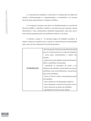 UniversidadeAbertadoBrasil
120
AUTO-AVALIAÇÃO
2. A estrutura do trabalho; o raciocínio e o tratamento do objeto de
estudo; a demonstração e a argumentação; o vocabulário e as normas
técnicas para apresentação e redação científica.
3. A resposta é pessoal, mas deve ser fundamentada no conceito de
Severino (2002): o trabalho científico é um discurso que assume a forma
dissertativa e visa a demonstrar, mediante argumentos, uma tese, que é
uma solução proposta para um problema relativo a um tema.
4. Estude a seção 2 – A estrutura lógica do trabalho científico. A
seguir, coloque no quadro que se segue as características recomendadas
para cada um dos elementos do texto dissertativo.
INTRODUÇÃO
-deveprepararoleitorparaaproblematização
que se vai desenvolver no corpo do trabalho;
- serve para contextualizar o objeto em
estudo;
- pode trazer uma rápida revisão de literatura
sobre o problema em questão;
- manifesta as intenções do autor e os
objetivos do trabalho, enunciando seu tema,
problema, tese, procedimentos e raciocínios
que serão adotados;
- deve ser breve e fazer um panorama geral
do trabalho;
- deve utilizar-se de linguagem objetiva;
- deve despertar o interesse de quem vai ler;
- deve anunciar as partes do trabalho;
- geralmente escreve-se por último.
 