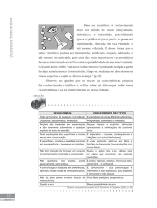 UniversidadeAbertadoBrasil
14
UNIDADE 1
Para ser científico, o conhecimento
deve ser obtido de modo programado,
sistemático e controlado, possibilitando
que a experiência que o produziu possa ser
reproduzida, checada em sua validade, e
até mesmo refutada. É dessa forma que o
saber científico poderá ser transmitido, verificado, negado, utilizado, e
até mesmo reconstruído, pois uma das mais importantes características
de um conhecimento científico está na possibilidade de sua continuidade.
Segundo Bock (1989), “um novoconhecimento é produzido sempre a partir
de algo anteriormente desenvolvido. Nega-se, reafirma-se, descobrem-se
novos aspectos e assim a ciência avança.” (p.19).
Observe, no quadro que se segue, as características próprias
do conhecimento científico e reflita sobre as diferenças entre essas
características e as do conhecimento de senso comum.
SENSO COMUM CONHECIMENTO CIENTÍFICO
Todo ser humano, de qualquer nível cultural. Especialistas de áreas diferentes da ciência.
Ocasional, assistemático, ametódico. Programado, sistemático e metódico.
Noções são baseadas em especulação
e são raramente submetidas a qualquer
espécie de teste de exatidão.
Requer clareza e exatidão: definições
operacionais e verificações de possíveis
erros.
Suas explicações são superficiais e muitas
vezes sem comprovação.
É explicativo – (causas, consequências e
relações com outros fenômenos).
É superficial – conhece a realidade somente
em sua aparência – baseia-se em opiniões.
É mais profundo, atêm-se aos fatos e
também os transcende (busca relações com
outros fatos).
Não tem intenção de formular um conjunto
de conhecimento ordenado e comprovado.
Busca e aplica leis. Leis válidas para
os casos que ocorrerem nas mesmas
condições.
Não questiona, não analisa, aceita
passivamente, sem análise.
É crítico, rigoroso, objetivo, prova sua ideia,
demonstra – é verificável.
A comunicação é baseada em preferências,
opiniões, muitas vezes de forma persuasiva.
É comunicável – sua comunicação é
informativa e não expressiva. Seu propósito
é comunicar e não seduzir.
Não dá para prever eventos futuros da
mesma forma.
Pode fazer predições, prognósticos.
Sujeito a erro. Menor possibilidade de erro.
Quadro comparativo extraído de Di Domenico e Cassetari (2002, p. 58).
 